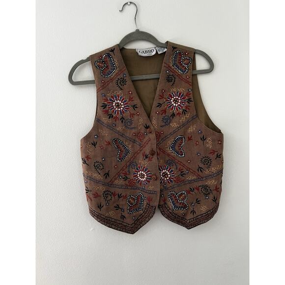 Vintage Garbo Petite Woven Embroidered Boho Western Jute Hemp Vest Hippie PM - Picture 5 of 7